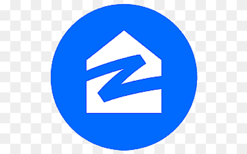 Zillow real estate logo, a blue house with a Z cut out of it